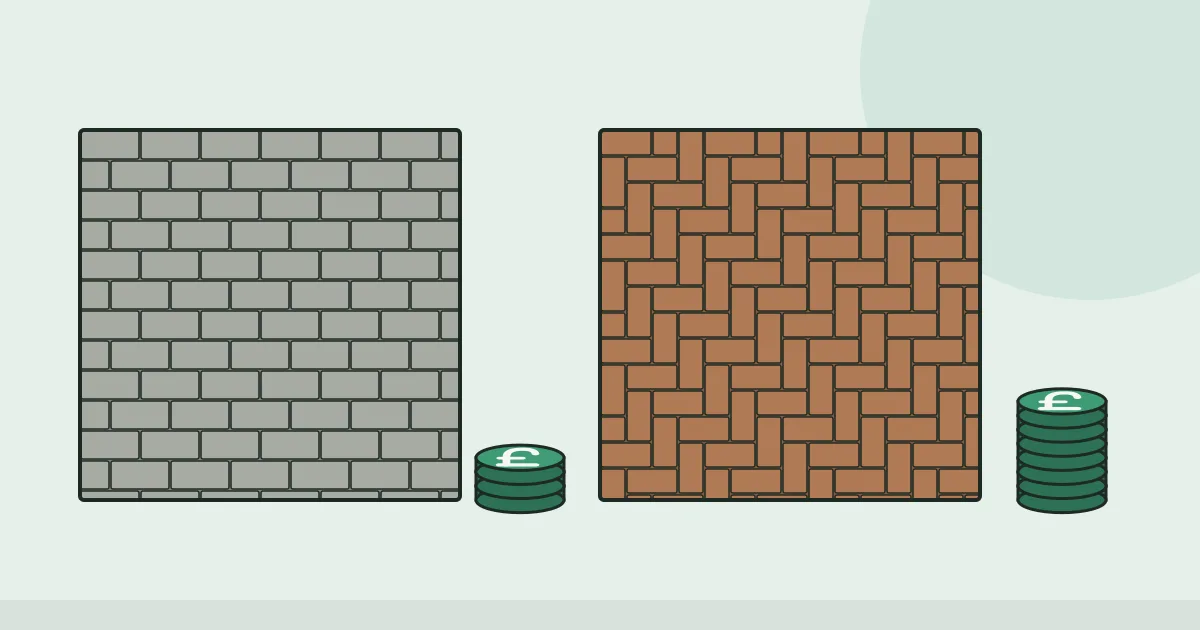 Illustration comparing a simple stretcher-bond block pattern with a herringbone pattern, with the herringbone side carrying a taller stack of pound coins