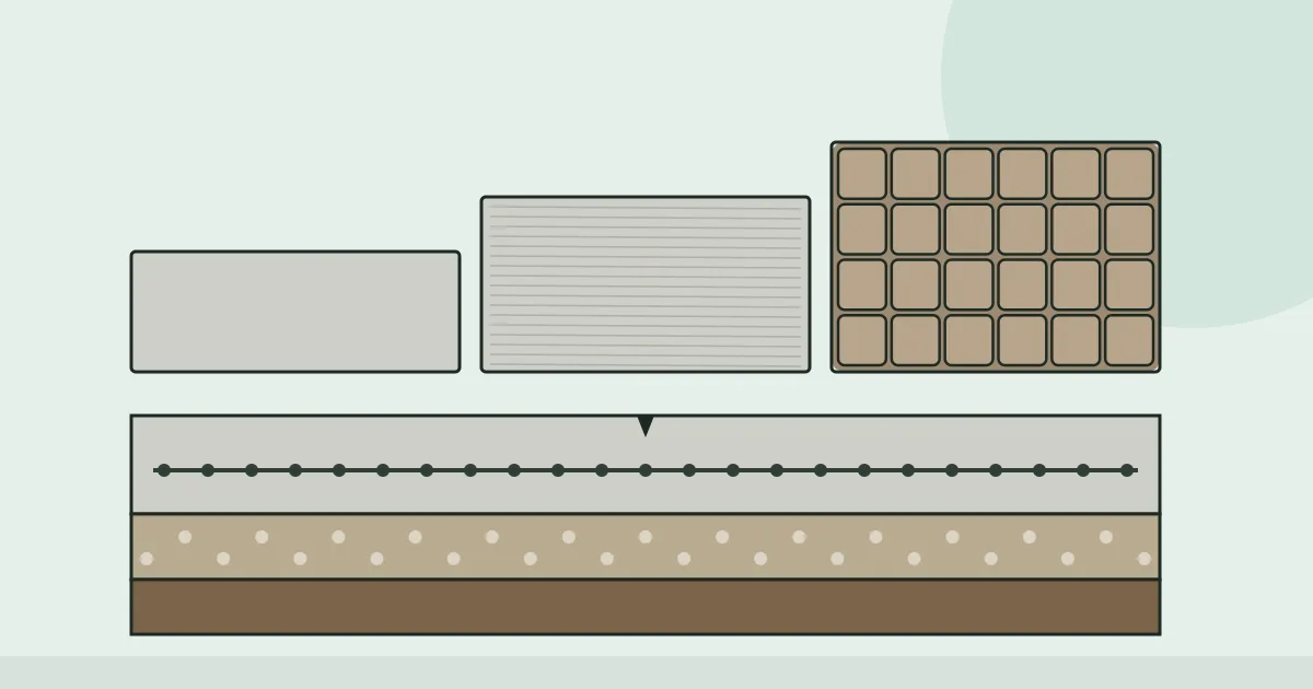 Illustration of three concrete panels, plain, brushed and stamped, rising in height from left to right, above a slab cross-section with steel mesh inside
