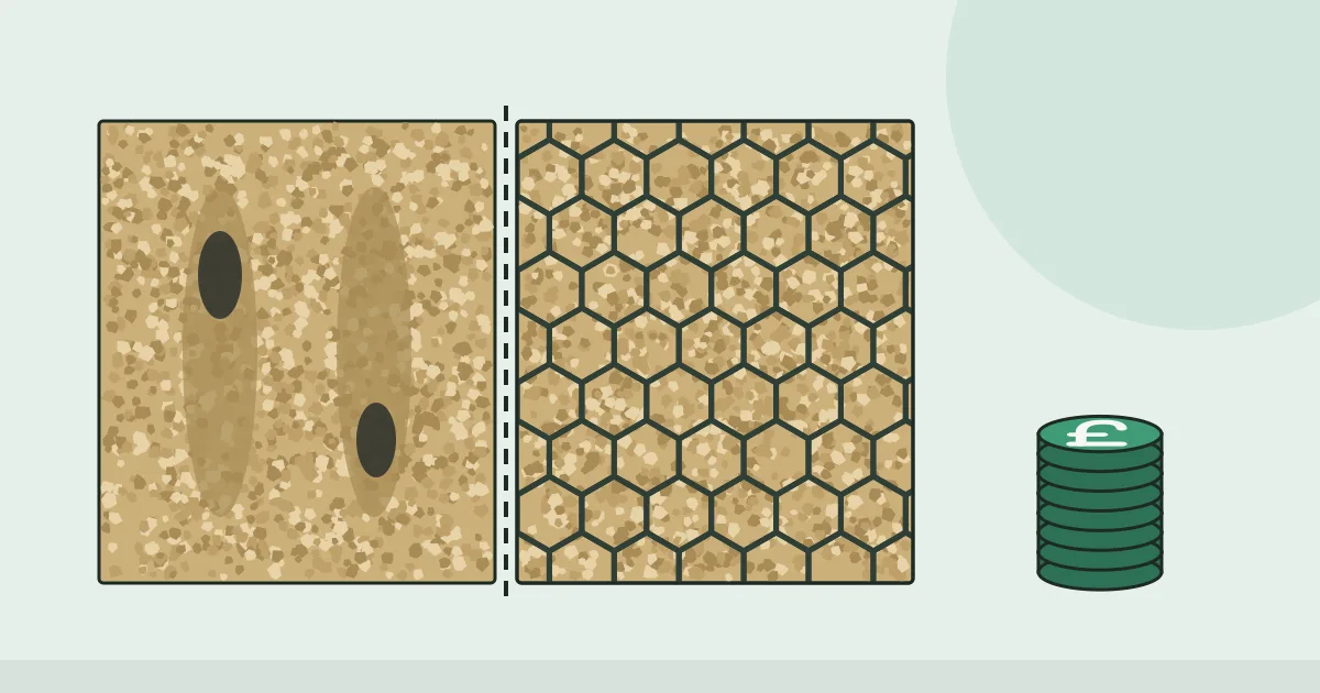 Illustration of a gravel driveway from above, rutted loose stone with bald patches on one side and stone held in a honeycomb grid on the other, beside a stack of pound coins