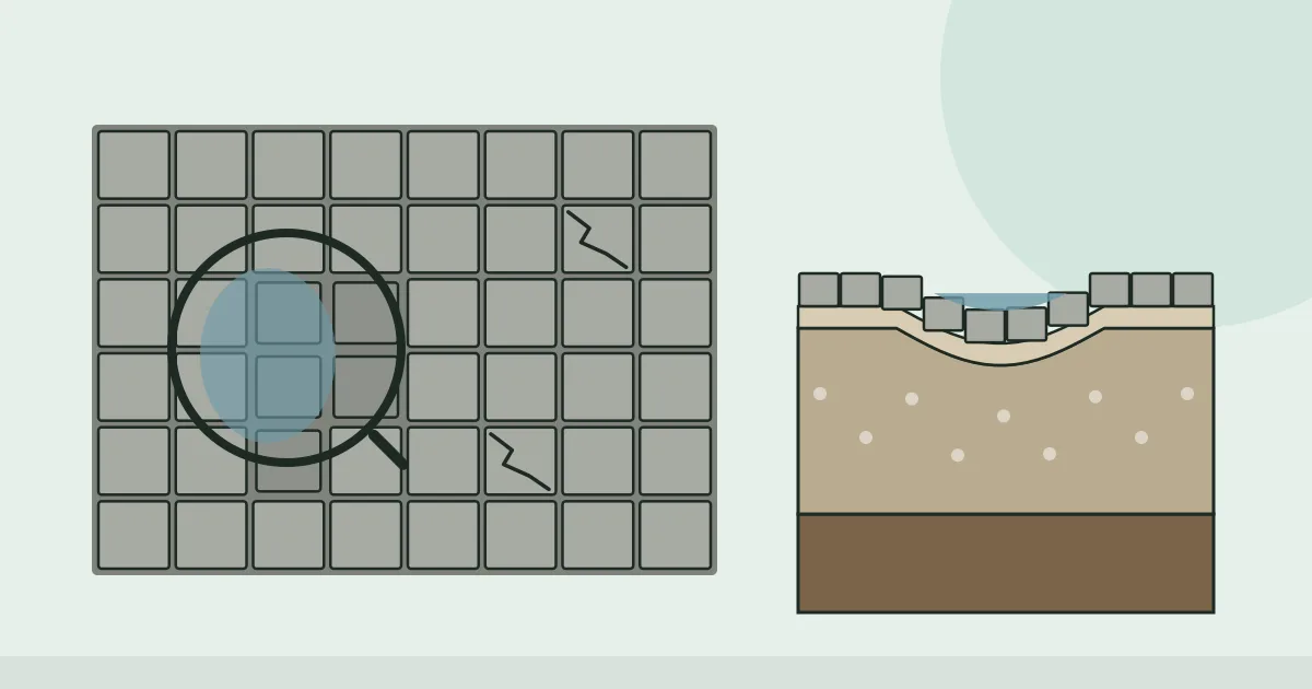 Illustration of a magnifying glass over a block-paved driveway with sunken, puddled and cracked blocks, beside a cross-section of blocks dipping into a settled sub-base