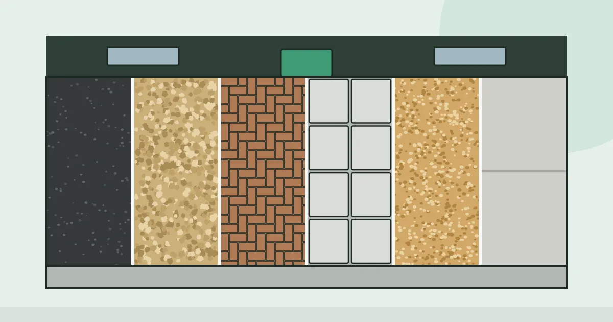 Illustration of a driveway seen from above, divided into six strips showing tarmac, gravel, block paving, slabs, resin bound and concrete side by side