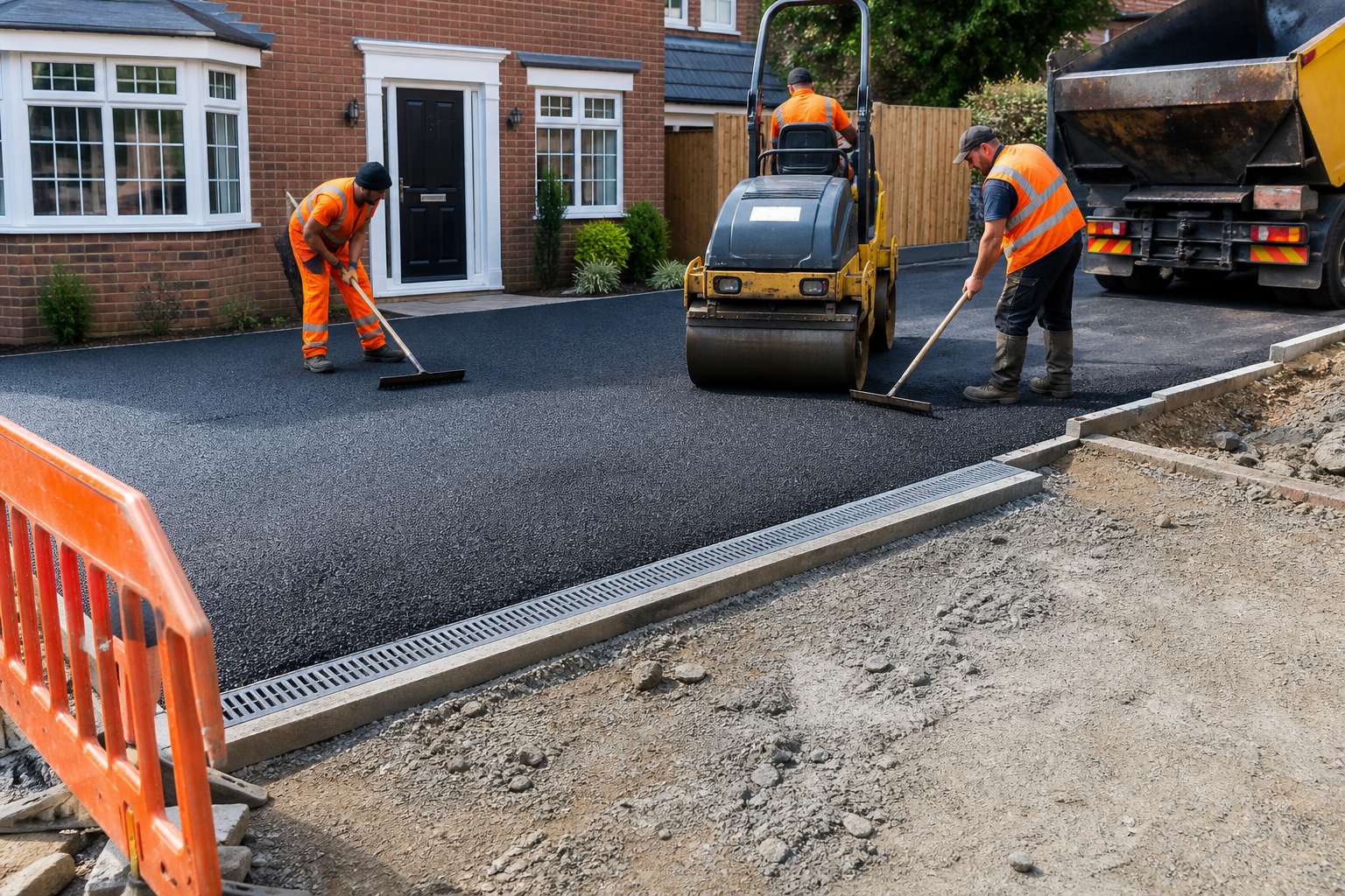 Contractors laying and rolling a new asphalt driveway with kerb edging at a British home
