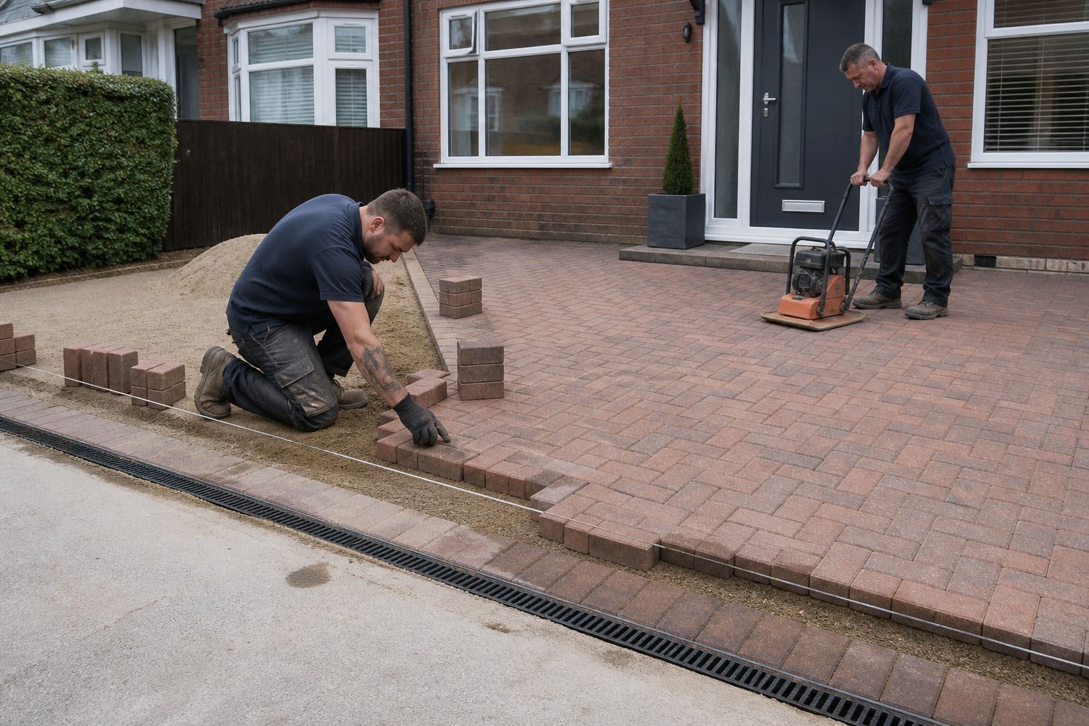 Paving contractors laying block courses and compacting jointing sand on a British driveway