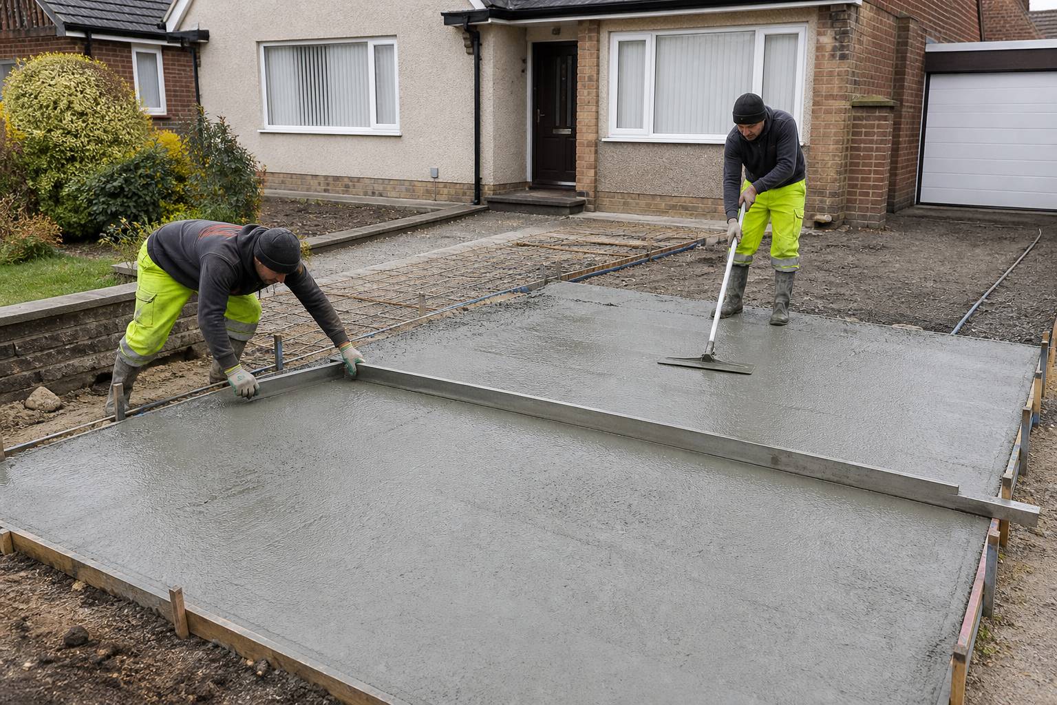 Contractors screeding and finishing a freshly poured concrete driveway at a British home