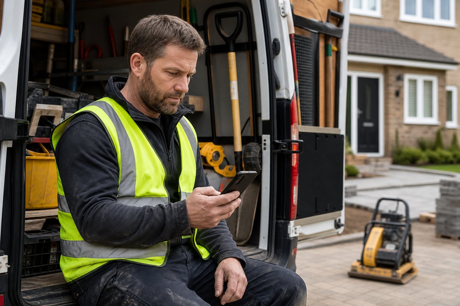 Driveway contractor checking a new local job lead on his mobile phone beside his work van