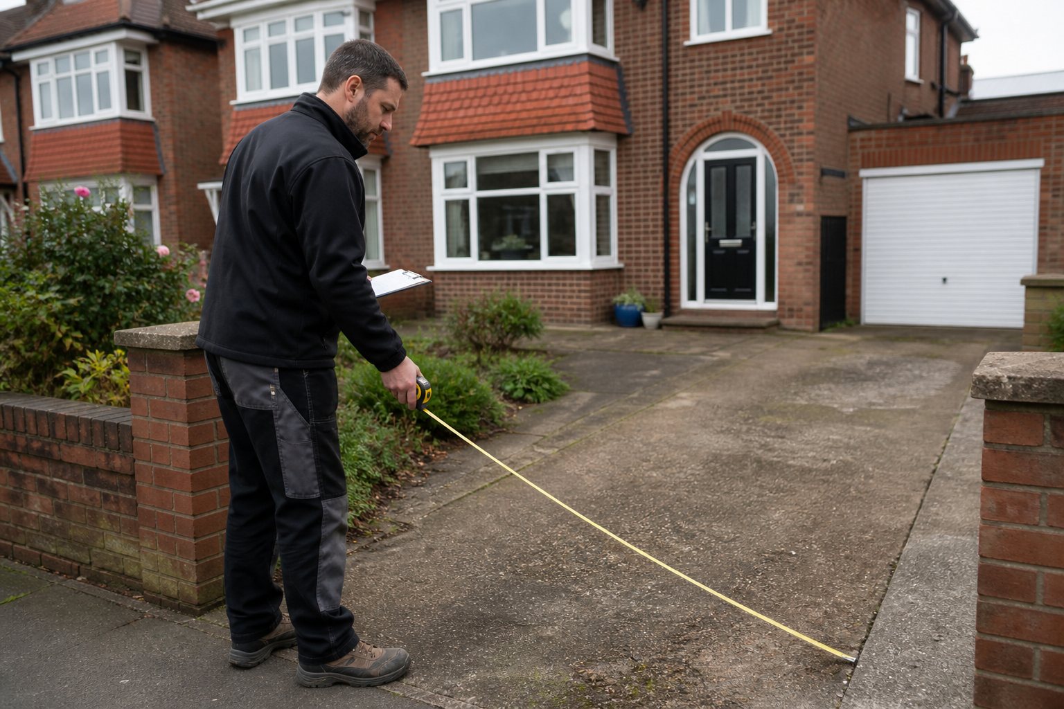 Driveway contractor measuring a UK property before providing a quotation