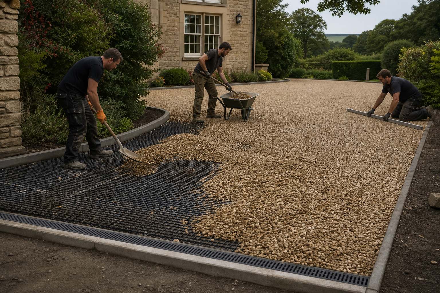 Contractors spreading angular gravel over a stabilising grid on a prepared British driveway