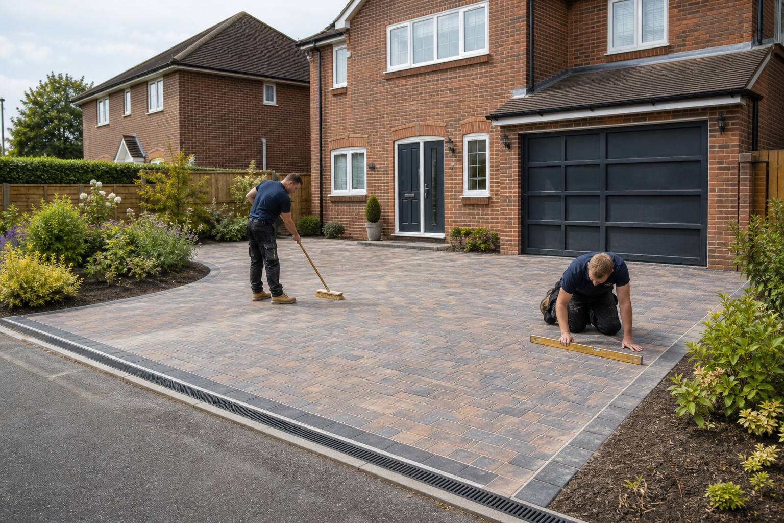 Newly installed block paving driveway outside a UK home