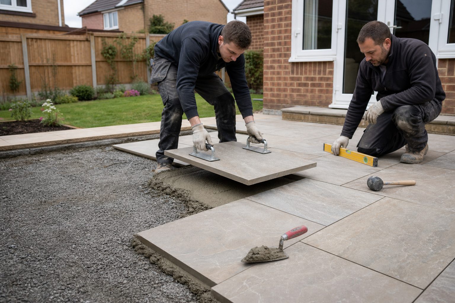 Paving contractors setting large patio slabs to a drainage fall in a British back garden