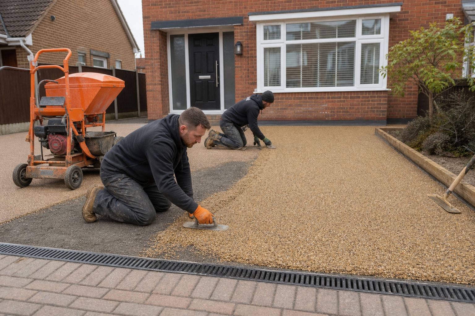 Contractors trowelling a resin-bound aggregate surface over a prepared British driveway base